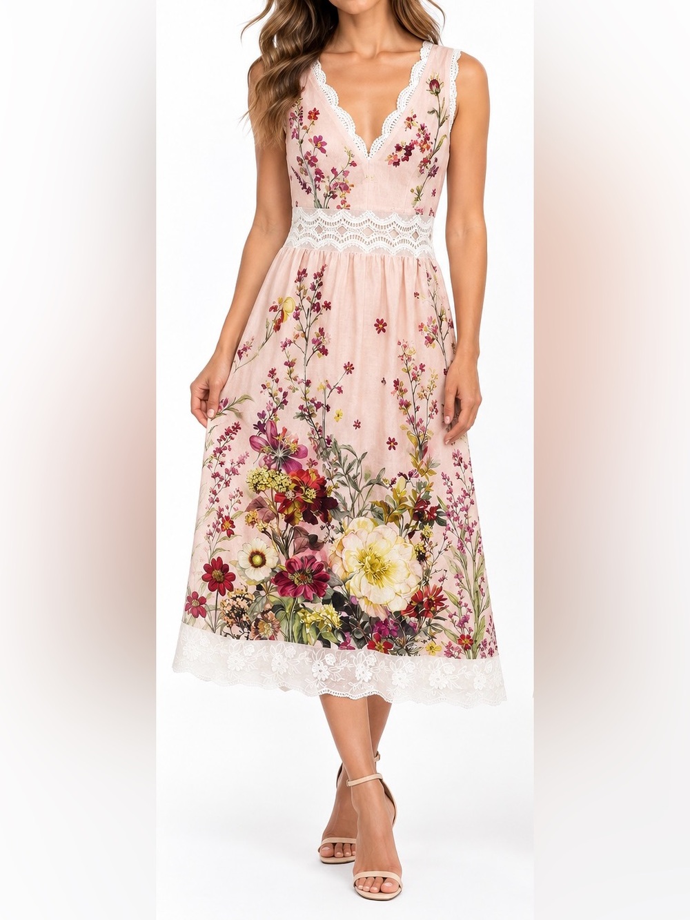Girls' Floral Lace-Trim Pink Sundress
